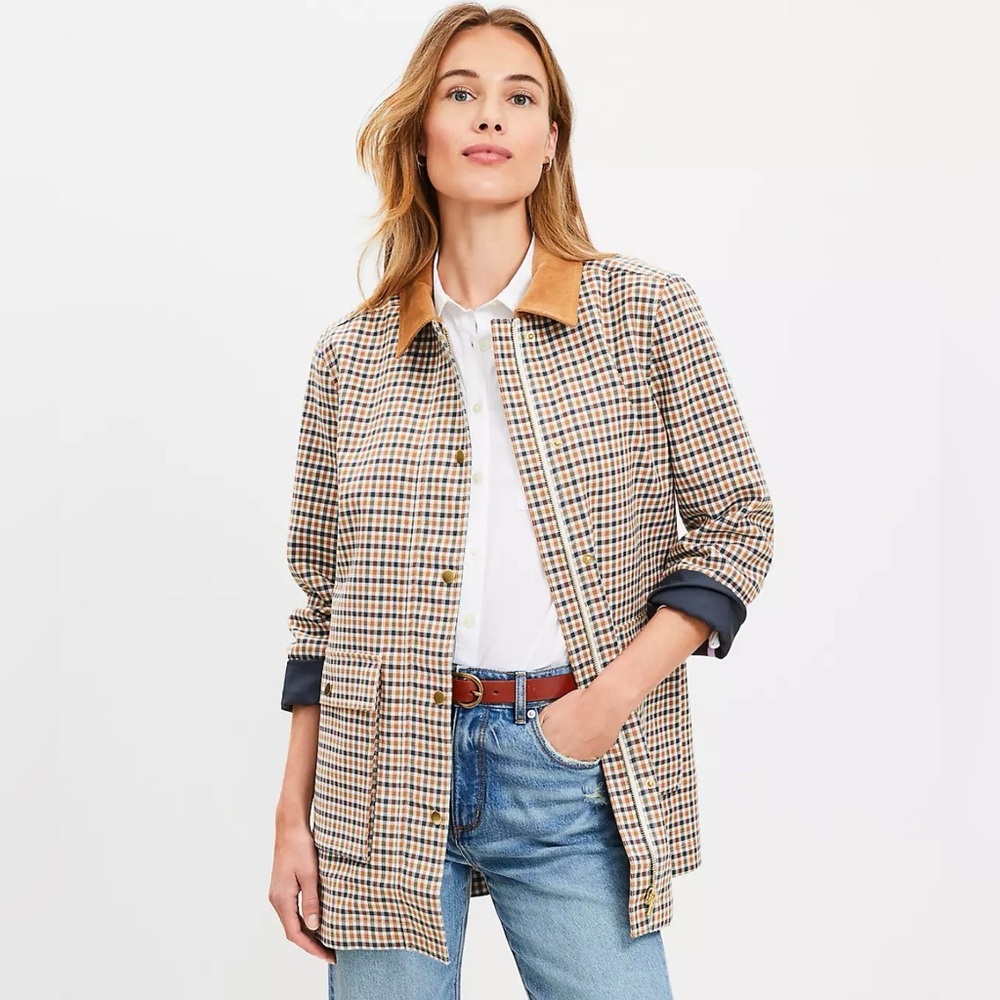 LOFT Neutral Plaid Trench Coat with Tan Collar